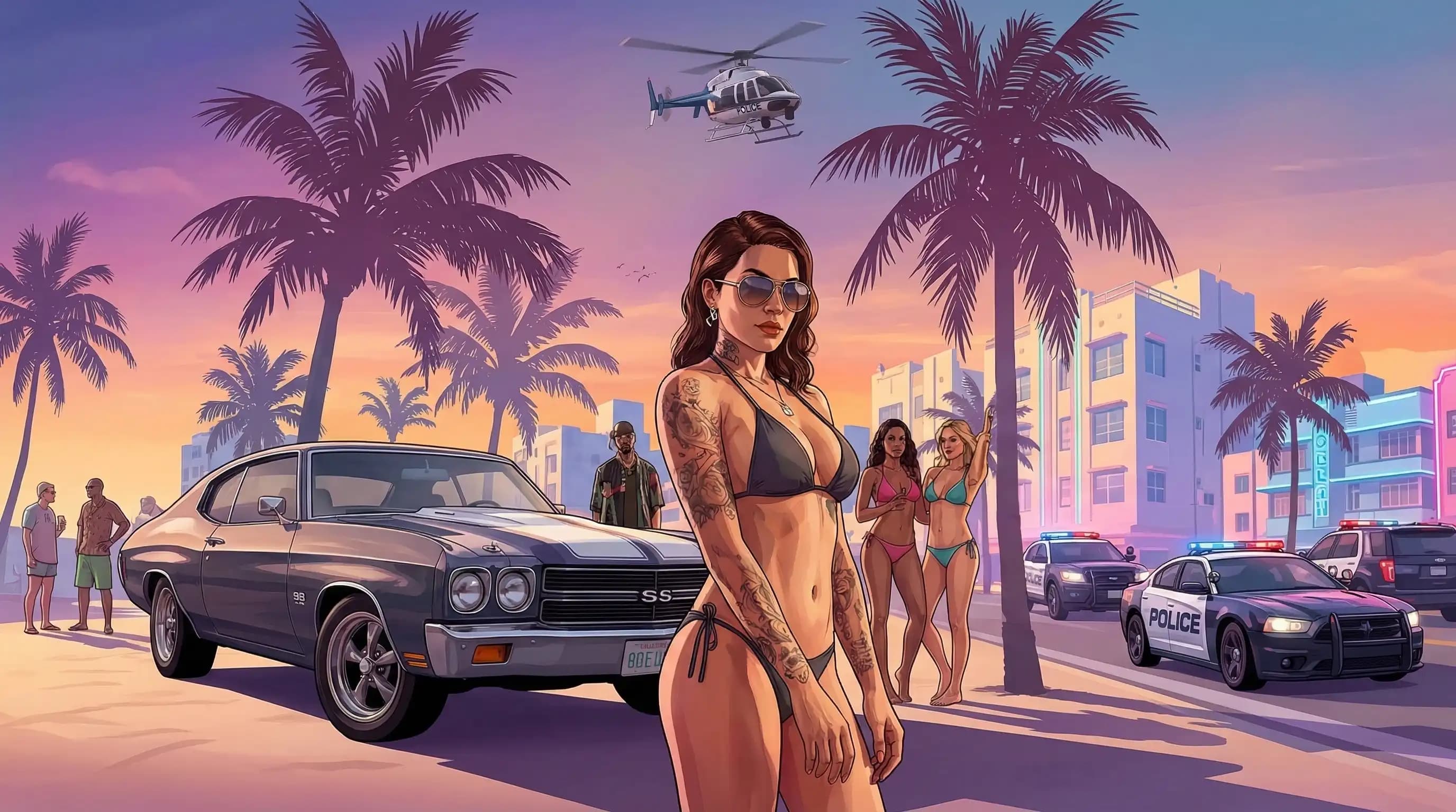 GTA VI — Vice City skyline with neon lights reflecting on the ocean at sunset